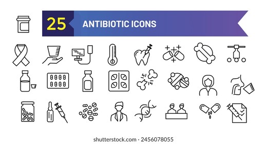 Antibiotic icons set. Outline set of antibiotic vector icons for ui design. Outline icon collection. Editable stroke.