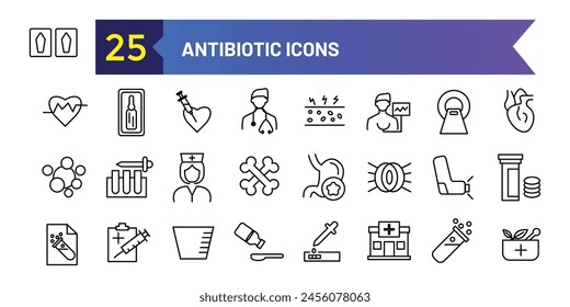 Antibiotic icons set. Outline set of antibiotic vector icons for ui design. Outline icon collection. Editable stroke.