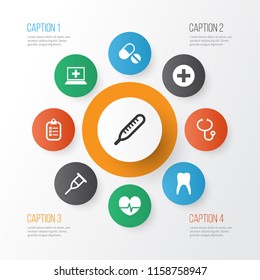 Antibiotic icons set with pellets, computer, pulse and other stand elements. Isolated vector illustration antibiotic icons.