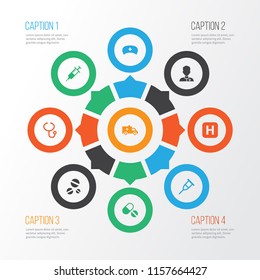 Antibiotic icons set with syringe, drug, rack and other injection elements. Isolated vector illustration antibiotic icons.