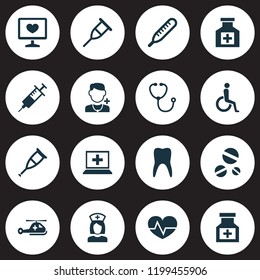 Antibiotic icons set with teeth, thermometer, drug and other injection elements. Isolated vector illustration antibiotic icons.