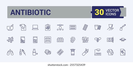 Antibiotic line icon collections. Includes thin line health, drug, toxic, formula, emergency, pills, medicine, antibiotic. Editable vector icon and illustration.
