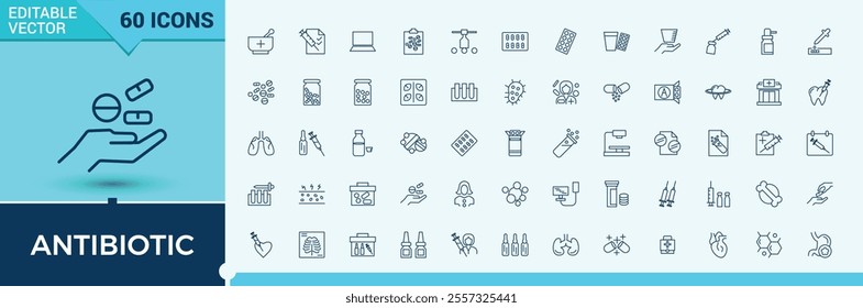 Antibiotic line icon collections. Includes thin line health, drug, toxic, formula, emergency, pills, medicine, antibiotic. Editable vector icon and illustration.