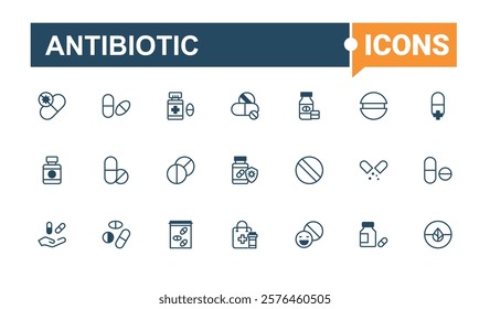 Antibiotic line icons set. Contains such icons as recipe, virus, bottle, pain, syringe, pharmaceutical, doctor and more. Outline icon. Solid line editable stroke.