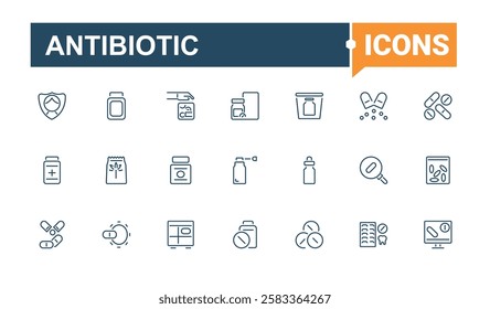 Antibiotic linear icon. Includes icons for medikit, vitamin, recipe, bottle, doctor, dose and more. Thin outline icons pack. Editable stroke.