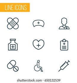 Antibiotic Outline Icons Set. Collection Of Injection , Handicapped, Life Elements. Also Includes Symbols Such As Cap, Handicapped, Heart.