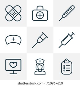 Antibiotic Outline Icons Set. Collection Of Thermometer, Fist Aid, Nurse And Other Elements. Also Includes Symbols Such As Injection, Record, Plaster.