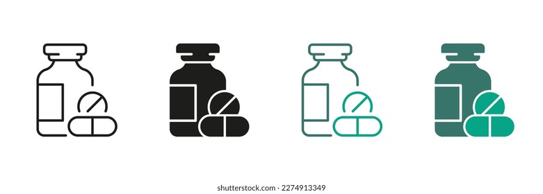 Antibiotic, Painkiller, Vitamin, Pharmaceutical Medicament Sign. Pharmacy Symbol Collection. Medication Line and Silhouette Color Icon Set. Pill and Bottle Pictogram. Isolated Vector Illustration.