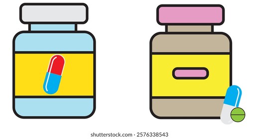 Antibiotic, Painkiller, Vitamin, Pharmaceutical Medicament Sign. Pharmacy Symbol Collection. Medication Line and Silhouette Color Icon Set. Pill and Bottle Pictogram. Isolated Vector Illustration.