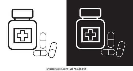 Antibiotic, Painkiller, Vitamin, Pharmaceutical Medicament Sign. Pharmacy Symbol Collection. Medication Line and Silhouette Color Icon Set. Pill and Bottle Pictogram. Isolated Vector Illustration.