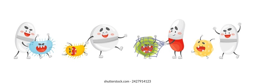 Antibiotic Pill Character Fight Bacteria and Virus Vector Set