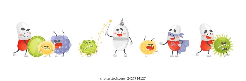 Antibiotic Pill Character Fight Bacteria and Virus Vector Set