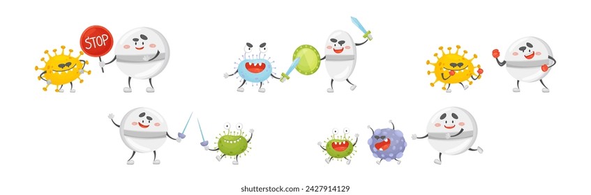 Antibiotic Pill Character Fight Bacteria and Virus Vector Set