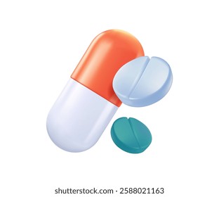 Antibiotic Pills 3D icon pharmacy concept. Pill tablet, supplements, capsule drugs and medications. Illustration of birth control pill with other pills on white background. Healthcare, hematology