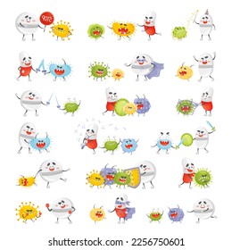 Antibiotic pills fighting with bacterias and viruses set. Healthy protection concept cartoon vector