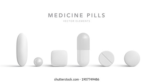 Antibiotic pills isolated on white background. Collection of oval, round and capsule shaped tablets. Medicine and drugs. Vector illustration