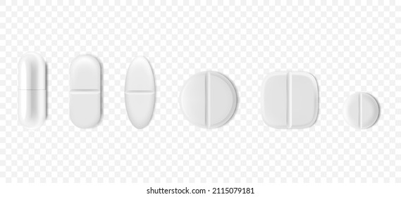 Antibiotika einzeln auf weißem Hintergrund. Sammlung ovaler, runde und kapselförmige Tabletten. Medizin und Medikamente. Realistische 3D-Vektorgrafik