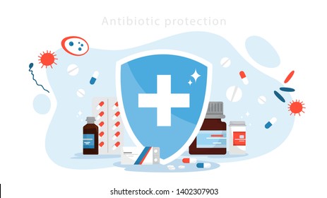 Antibiotic protection concept. Idea of medical treatment and healthcare. Shield from disease. Protection from the illness. Vector illustration in cartoon style