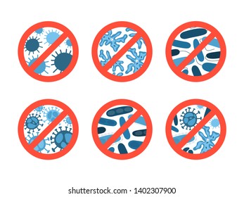 Antibiotic protection concept set. Idea of medical treatment and healthcare. Shield from disease. Protection from the illness. Bacteria behind red stop sign. Vector illustration in cartoon style