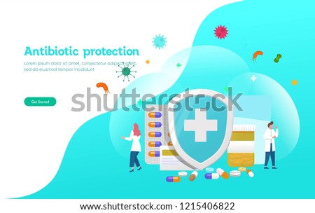 Antibiotic protection vector illustration concept, people fight with virus and bactery with shield and pill, can use for, landing page, template, ui, web, mobile app, poster, banner, flyer, poster
