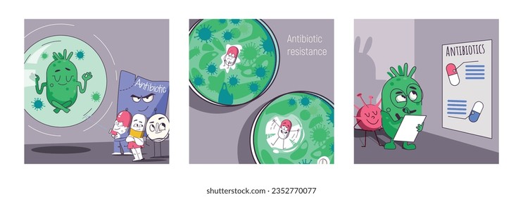 Antibiotic resistance flat concept set with characters of bacteria and pills isolated vector illustration