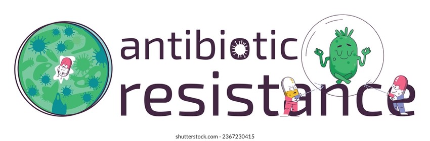 Antibiotic resistance flat text composition with drugs trying to fight microbe vector illustration