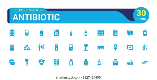 Antibiotic solid icons set. Set of Medicine vector icon for ui design. Filled symbol collection, glyph icon pack, Vector illustration. Editable and pixel perfect.
