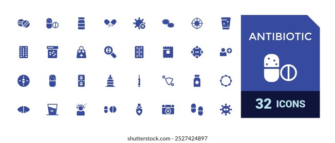 Antibiotic solid icons set. Set of Medicine vector icon for ui design. Filled symbol collection, glyph icon pack, Vector illustration. Editable and pixel perfect.