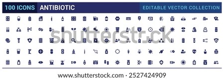 Antibiotic solid icons set. Set of Medicine vector icon for ui design. Filled symbol collection, glyph icon pack, Vector illustration. Editable and pixel perfect.