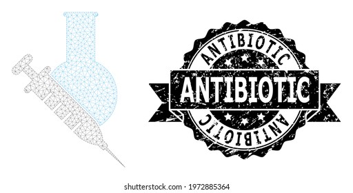 Antibiotic textured seal print and vector vaccine labs mesh structure. Black stamp seal has Antibiotic text inside ribbon and rosette. Abstract 2d mesh vaccine labs, created from flat mesh.