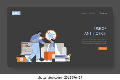 Antibiotic usage concept. Healthcare professional addressing bacterial infection treatment. Medication prescription, responsible antibiotic usage education. Vector illustration.