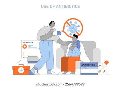 Antibiotic usage concept. Medical professional advises patient on treatment as bacteria is targeted. Healthcare, prescription, and therapy illustration. Vector illustration.