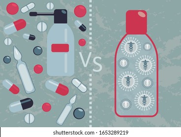 Antibiotics and medicine with bacteriophage. Illustration of future of medicine. How good viruses can help to combat antibiotic resistant bacteria and made the treatment safer and better