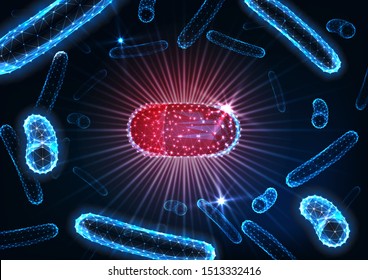 Antibiotics pills in bacteria medium concept. Futuristic glowing low polygonal drug capsule among bacilli microorganisms on dark blue background. Bacterial infection treatment. Vector illustration.