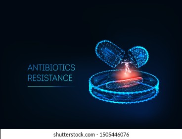 Antibiotics resistance concept. Medical research of super bacteria. Futuristic glowing low polygonal antibiotics pills, bacteria on Petri dish isolated on dark blue background. Vector illustration.