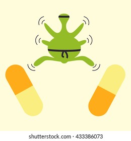 Antibiotics resistance  ninja concept. Superbug wearing black belt pushing away two drug pills. Vector illustration for bacteria evolution, traditional therapy is not effective