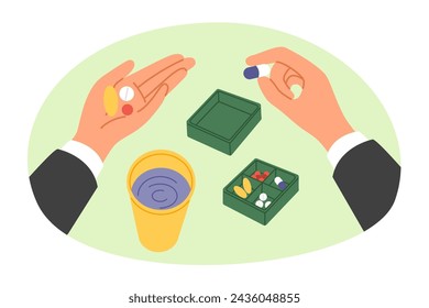 Antibiotics and vitamins in hands man standing near pillbox with medicines and glass of water. Painkillers antibiotics to defeat flu, purchased from pharmacies and produced by pharmaceutical company