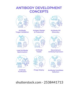 Antibody development blue gradient concept icons. Biotechnology and immunology. Laboratory research. Precision medicine. Icon pack. Vector images. Round shape illustrations. Abstract idea
