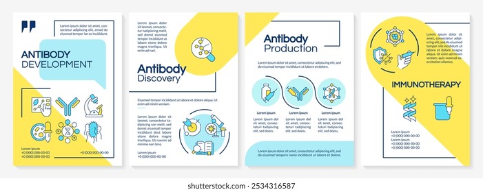 Plantilla del folleto azul y amarillo del desarrollo del anticuerpo. Diseño de folleto con iconos lineales. 4 diseños de Vector editables para presentación, informes anuales