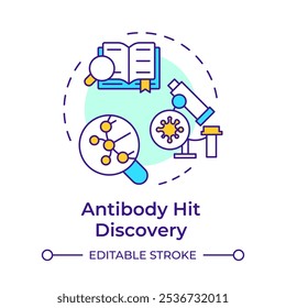 Antibody hit discovery multi color concept icon. Antibody research stage. Drug development. Biotechnology. Round shape line illustration. Abstract idea. Graphic design. Easy to use in article