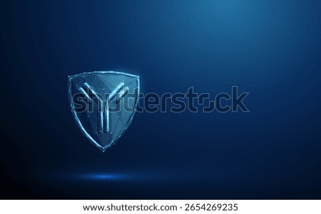 Antibody on shield. Artificial immunity, immunology, monoclonal antibody therapy, immune protection, biotechnology medicine concept. Low poly futuristic digital style. Geometric background. Vector