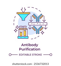 Ícone do conceito de multi cor da purificação de anticorpos. Isolamento e refinação de anticorpos da mistura. Ilustração de linha de forma redonda. Ideia abstrata. Design gráfico. Fácil de usar no artigo