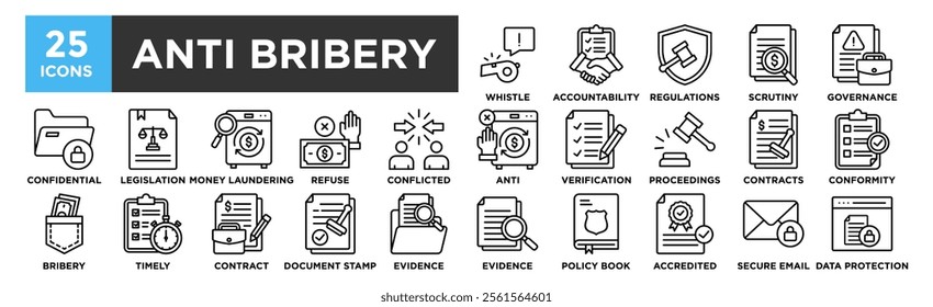 Anti-Bribery icon collection set. Containing design Whistleblower, Accountability, Regulations, Scrutiny, Corporate Governance