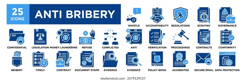 Anti-Bribery icon collection set. Containing design Whistleblower, Accountability, Regulations, Scrutiny, Corporate Governance	