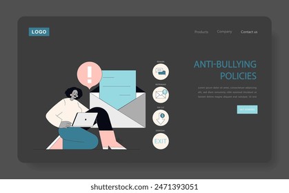 Anti-Bullying Policies concept. Awareness on workplace harassment with a concerned employee and various disciplinary actions. Vector illustration.