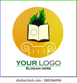 Antic greek colon, book and necromantic flame logo design