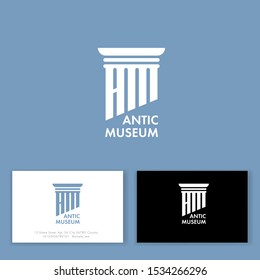 Antic Museum logo. AM monogram. Antic column and letters emblem. Business card.