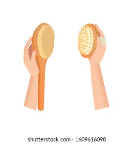 anti-cellulite dry brush massage. hands hold spa treatment accessories. isolated vector illustration on white. natural wooden shower brushes with bristle and short brushing heads