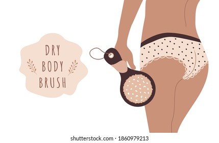 Anti-cellulite massage with dry cactus brush. Organic treatment for peeling skin. Body care concept. Vector illustration in cartoon style.