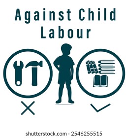 Anti-child labor illustration promoting education with symbolic tools, books, and a green checkmark. Perfect for awareness campaigns. perfect for educational system and social media post or banner